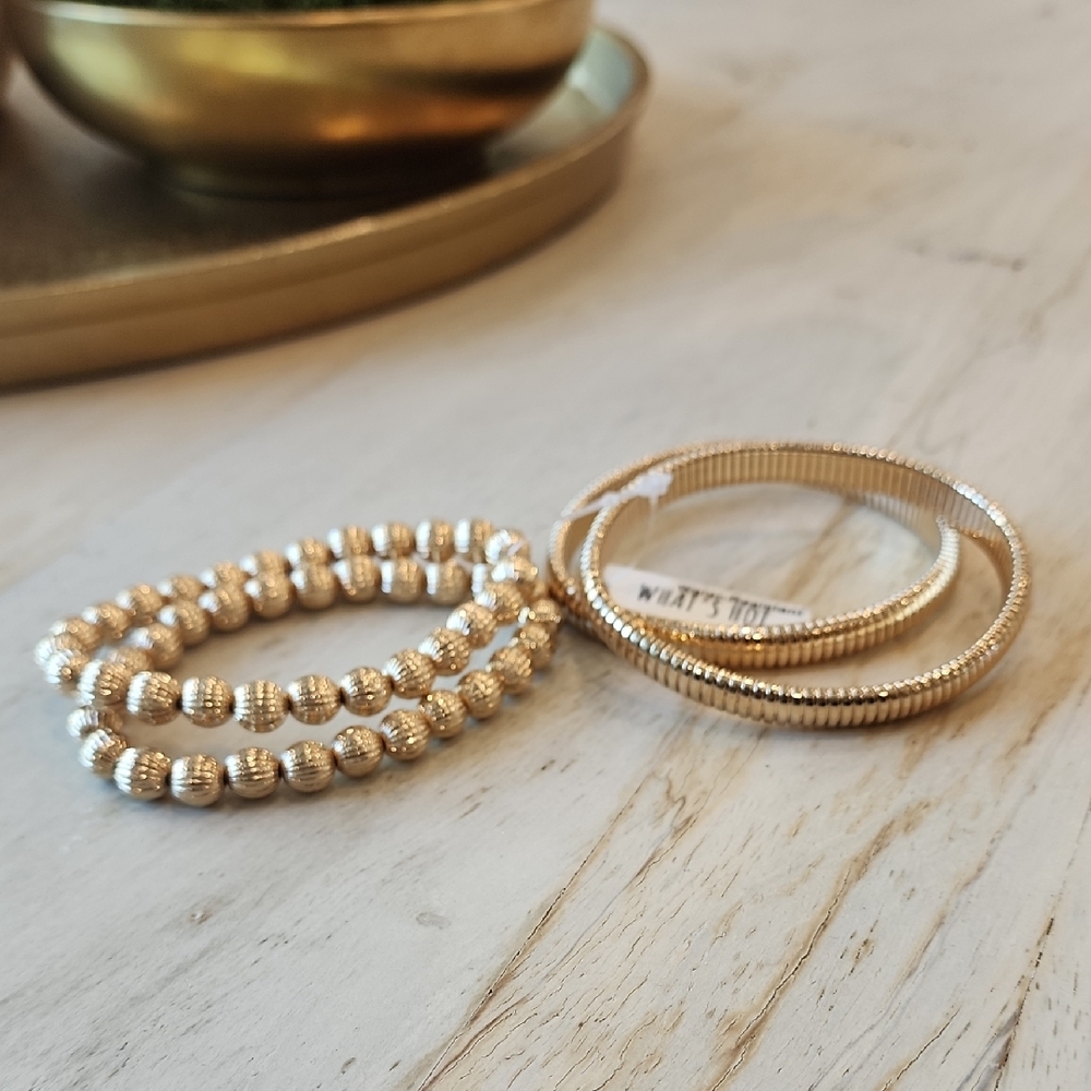 Women's Textured Beaded Gold Ribbed Stretch Water-Resistant Bracelets Set of 4 - Picture 6 of 6